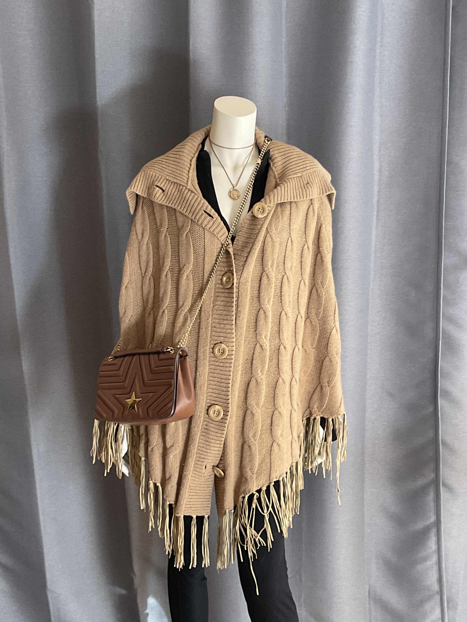 Veste Poncho Camel à franges TU